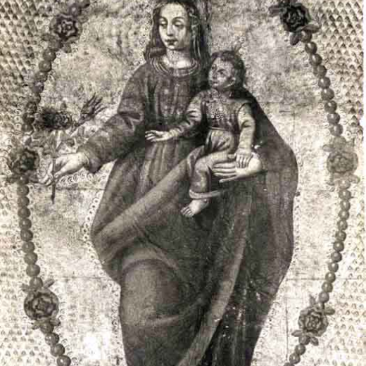 Església de Sant Llorenç d'Adri. Guadamecí amb brodat de la Mare de Déu del Roser