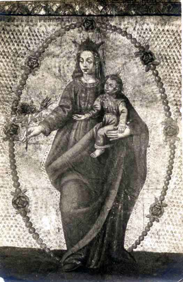 Església de Sant Llorenç d'Adri. Guadamecí amb brodat de la Mare de Déu del Roser