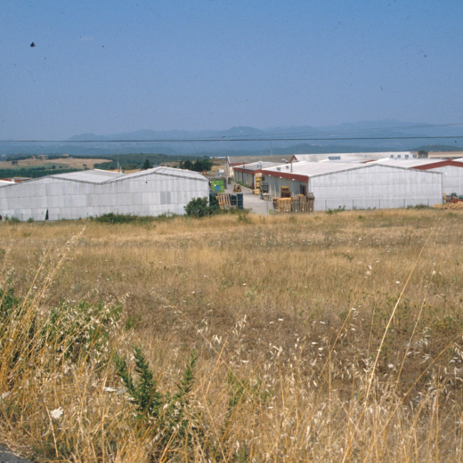 Vista de les naus de la fàbrica TRETY, una de les empreses més importants de Maçanet a l'actualitat, a principis de la dècada 80.