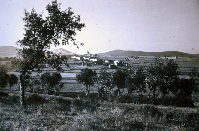 Vista parcial de la vila de Maçant des del turó d'en Dot molt temps abns de començar l'expansió urbanística del poble. Es pob observar el gran nombre de pallers que es feien tant al darrera de les cases com a l'era d'en Júria i a l'anomenada 