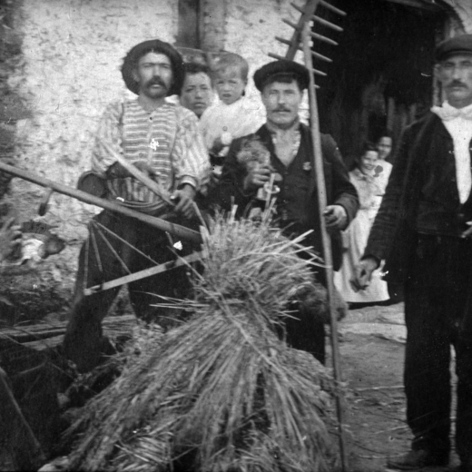 Una família de pagesos de finals del segle XIX a les tasques de la sega.