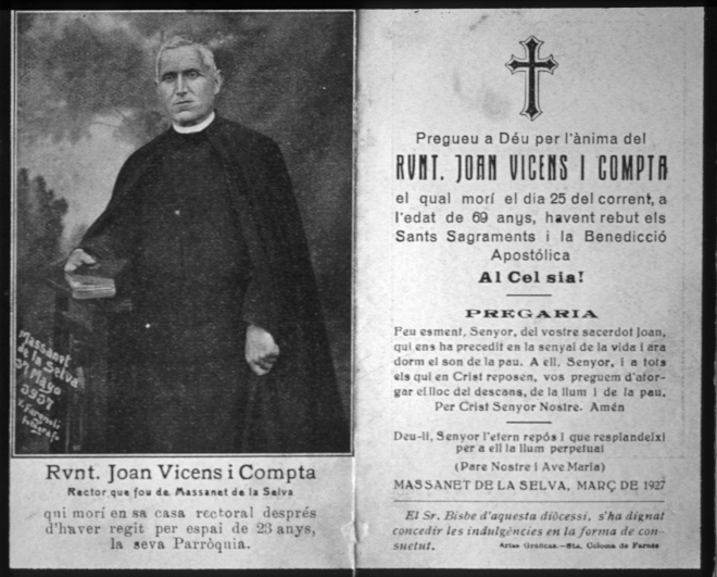 Recordatòri de la mort del Sr. rector Mn Joan Vicens que fou rector de Maçanet per espai de 23 anys