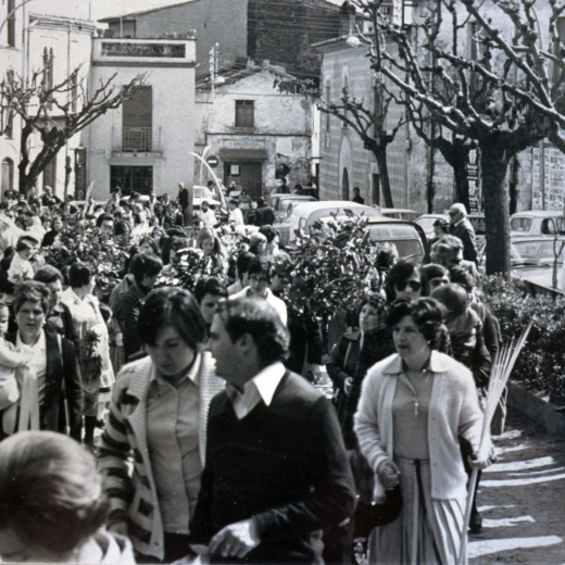Festivitat del Ram de l'any 1978. La processó entrant a l'Església. En primer pla es pot reconèixer a Marisol Pagès, M Rosa Gelmà, Dolors Vidal, Josep Martí, Beatriz Latorre, i mirant la processó hi veiem en Francisco Valiente, entre altres.