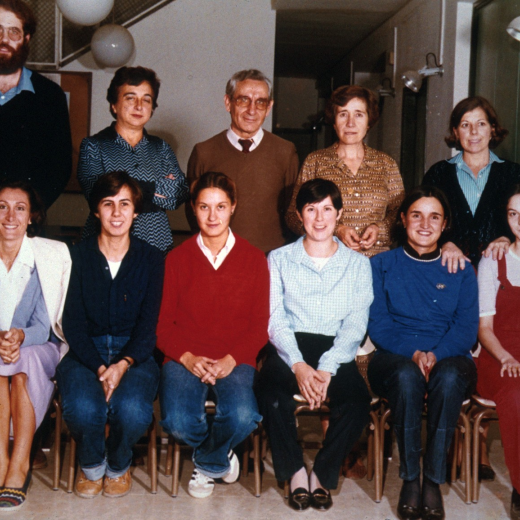 Grup de mestres de l'escola Sant Jordi el curs 1981 - 82. Director Lluís Serra, Jordi Duc, Maria Magrià, Lluís Serra, Coloma Surós i M Àngels Escribana, Rosa M Ochoa, Teresa Rosa, Dolors Vilanova, Rosa Serra, M Rosa Santiago i Montserrat Mirambell.