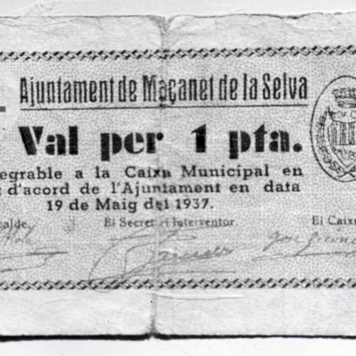 Revers d'un bitllet d'una pesseta que circulà per Maçanet durant la guerra Civil del 1936 - 1939