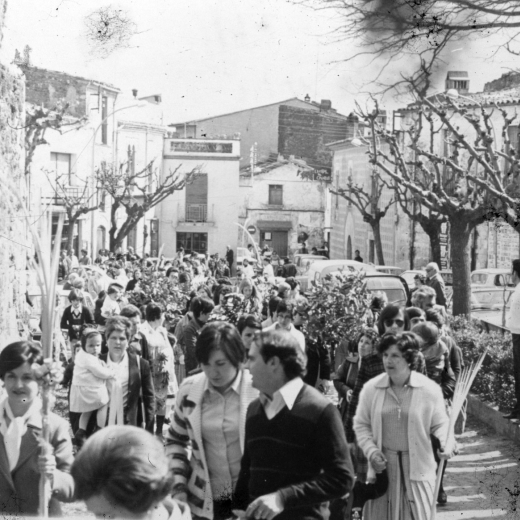 Diada de Rams. La processó de la benedicció entrant a l'Església. 

Josep Mir, M Rosa Gelmà, Marisol Pagès, Dolors Vidal, Josep Martí, Beatriz Latorre, germans Valiente.