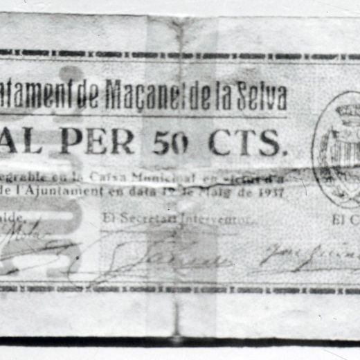 Val per 50 cts que circulà per Maçanet per manca de monedes durant els primers temps de la Guerra Civil