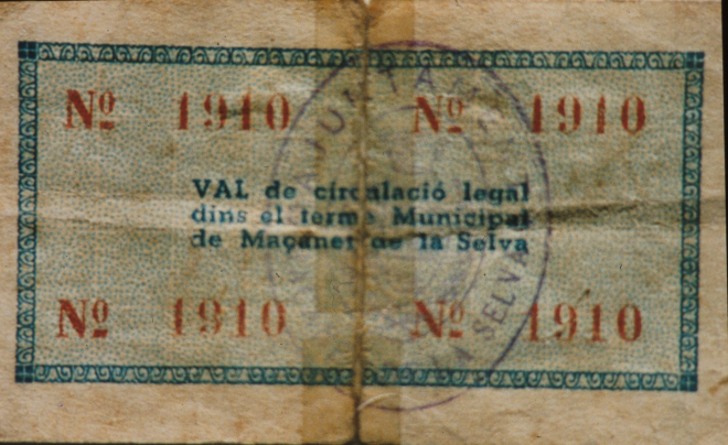 Revers d'un val d'una pesseta que tenia valor a Maçanet durant la primera època de la Guerra Civil degut a que havia desaparegut tota la moneda de curs legal.