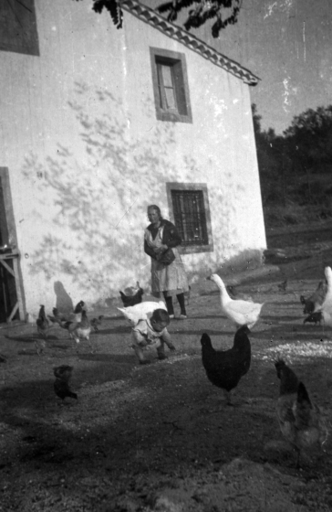 L'avia Carme de Can Vendrell envoltada de gallines i oques i amb un nen que deu esser el seu nét.