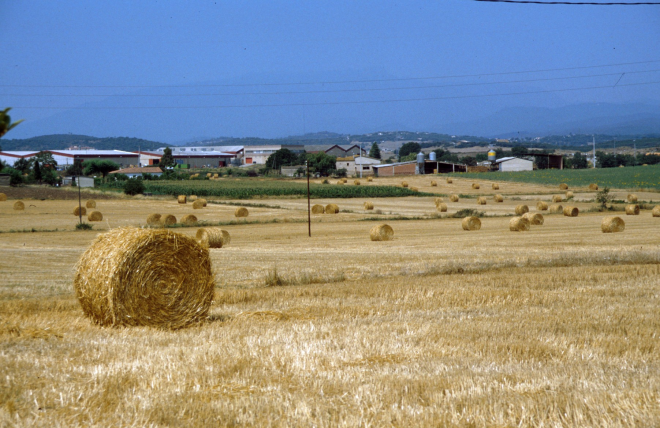Un camp ple de bales de palla i al fons la fàbrica Trety SA