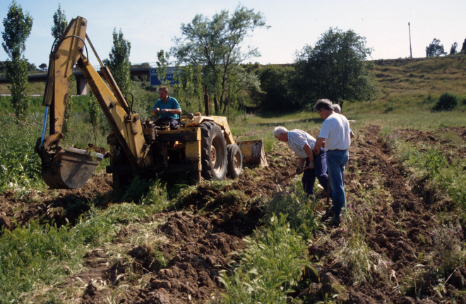 Treballs de recerca de restes del poblat romà que havien sortit de l'hort d'en Bach amb l'excavació dels fonaments d'un bloc de pisos de nova construcció i que foren abocats en un camp proper a Can Sagués.
