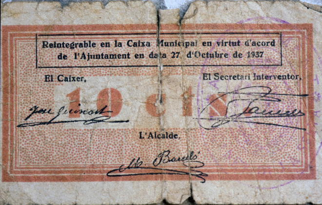 L'altre cara del paper moneda per valor de 10 cèntims.