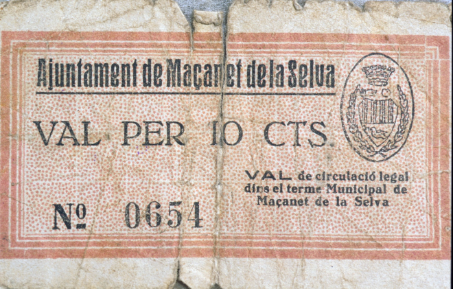 Paper moneda per valor de 10 cèntims posat en circulació l'any 37 durant la guerra civil.