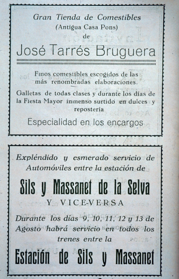 Anuncis publicitàris als programes de la Festa Major de 1927.