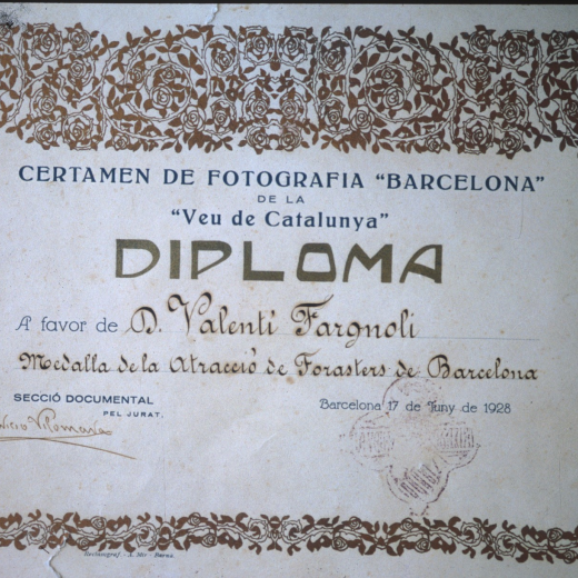 Diploma otorgat al fotògraf Valentí Fargnoli l'any 1928 peldiari 