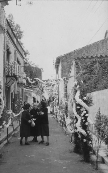 Vinguda a Maçanet de Nostra Sra de Fàtima l'abril de 1951. 

Detall del Carrer dels Dolors.

La Carme Deulofeu (Meta Bosca) i dues dones més. Aquestes edificacions de la dreta de la fotografia eren la quadra de can Xico Ros, avui (2002) Can Toni Molins i la pared de l'hort d'en Vilà, ha desaparegut per donar pas al nou carrer de la Fira.