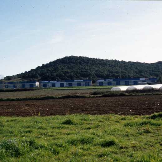 Vista de les naus industrials de l'anomenat polígon Can Roura. Al fons el turó del mateix nom