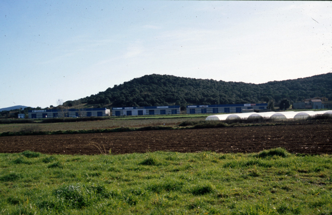 Vista de les naus industrials de l'anomenat polígon Can Roura. Al fons el turó del mateix nom
