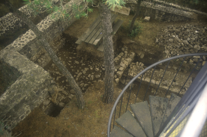 Des del mirador de la capella de Sant Jordi, vista de les excavacions a les restes de l'antic castell de Torcafelló.