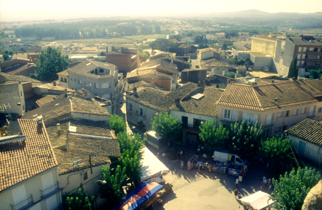 Vista de la plaça de l'església des del campanar en un dia de mercat.