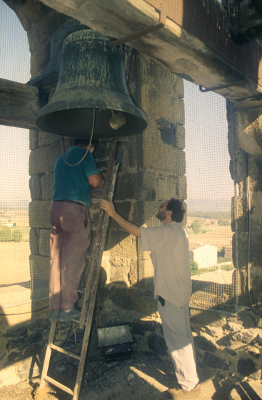 Uns operaris col·locant unes proteccions a les finestres del campanar per tal de privar als colons de la seva entrada a les campanes i embrutint-ho tot amb les seves defecacions.