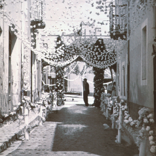 Detall del carrer Sant Sebastià ben enramat per l'ocasió