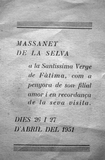 Part darrera estampa - recordatòri de la visita de Nostra Sra. de Fàtima.